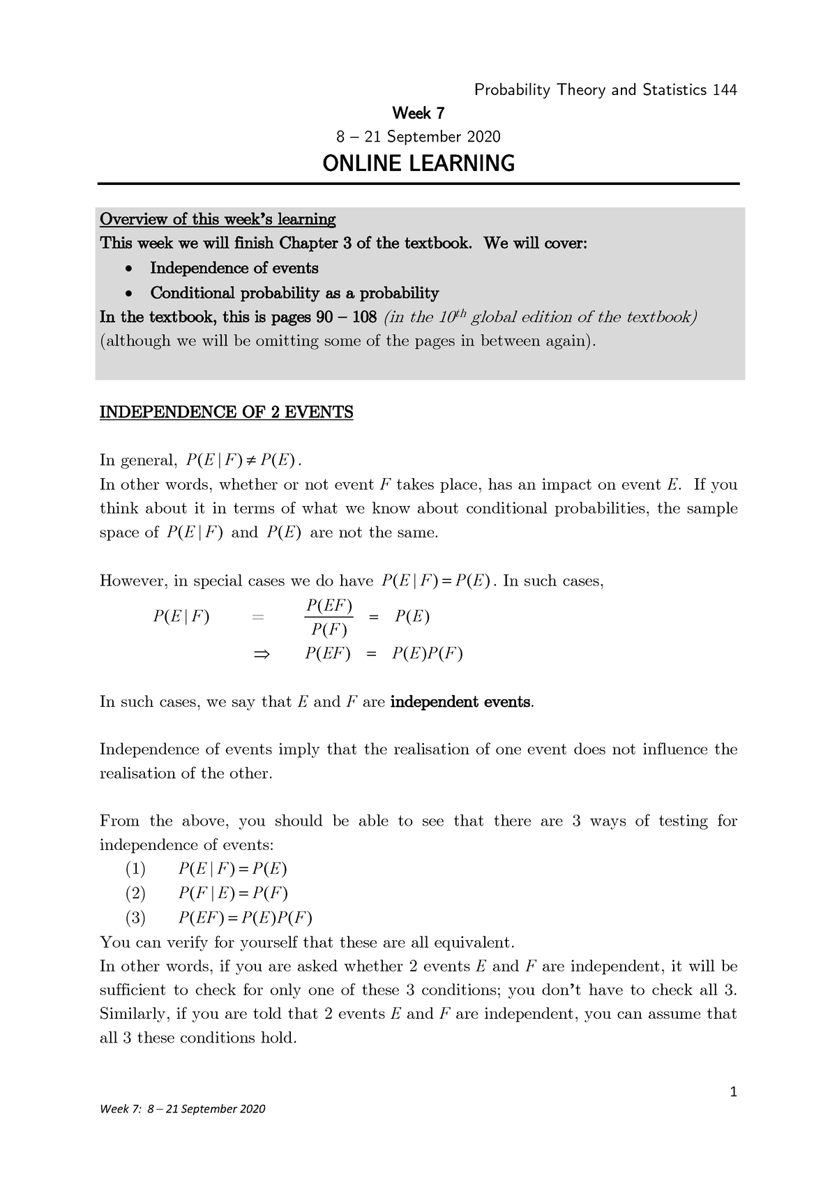 Week 7 Online Learning Notes - 1 Probability Theory And Statistics 144 ...