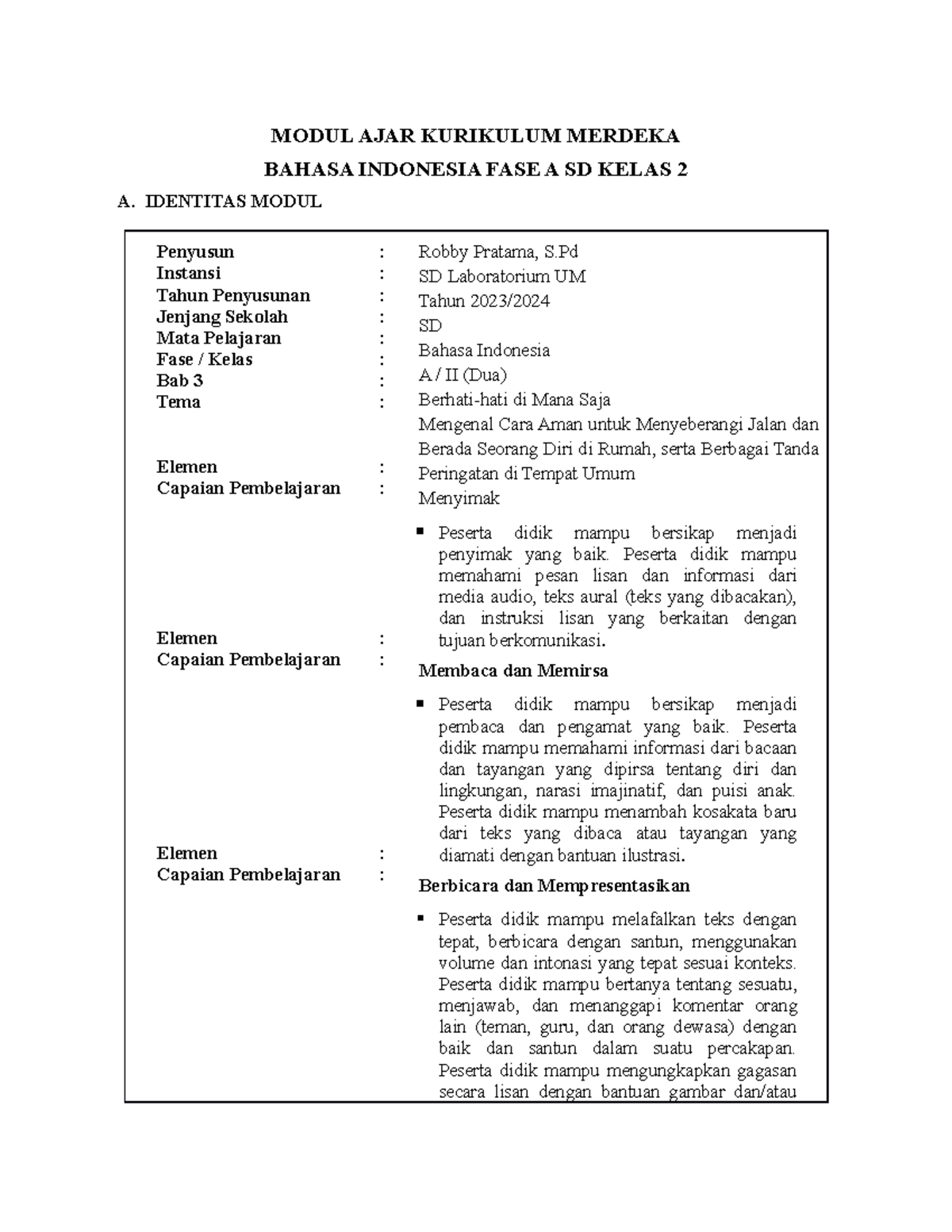 Modul Ajar Kurikulum Merdeka Modul Ajar Kurikulum Merdeka Bahasa Indonesia Fase A Sd Kelas 2 A 1672