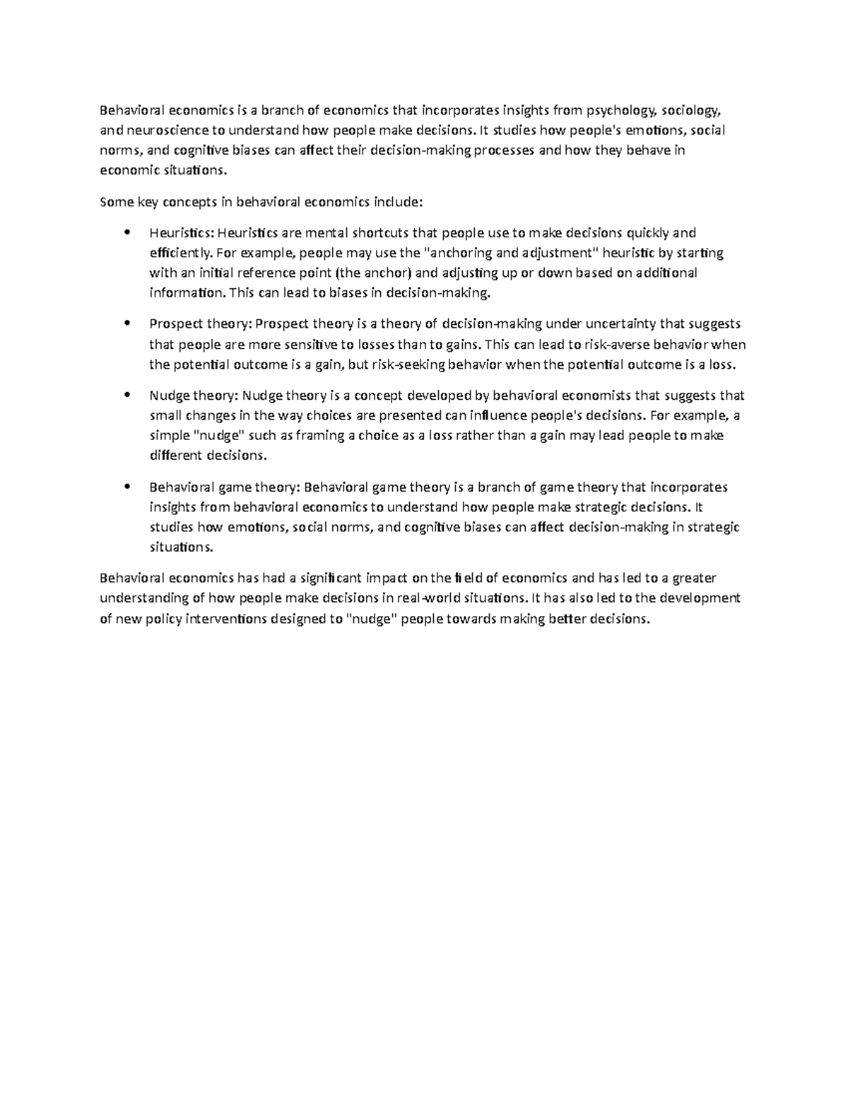 Behavioral - General notes - Behavioral economics is a branch of ...