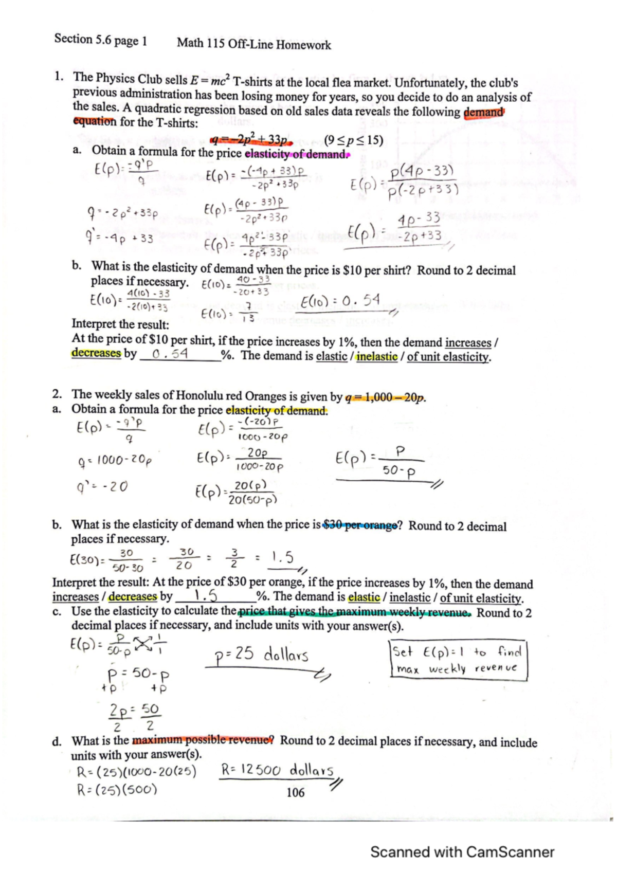 MATH 115 Off-Line Homework Section 5.6 Elasticity of Demand - MATH 115Z ...