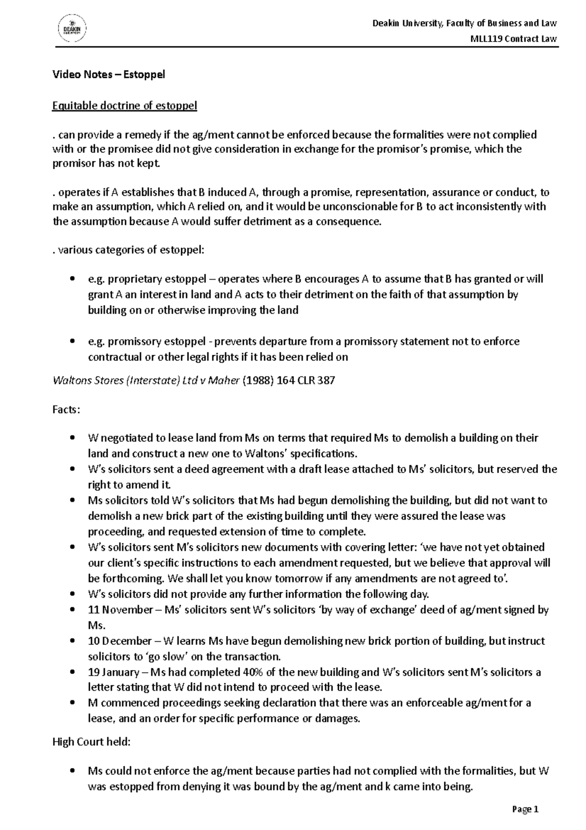 Video Notes 6 The equitable doctrine of estoppel Video Notes
