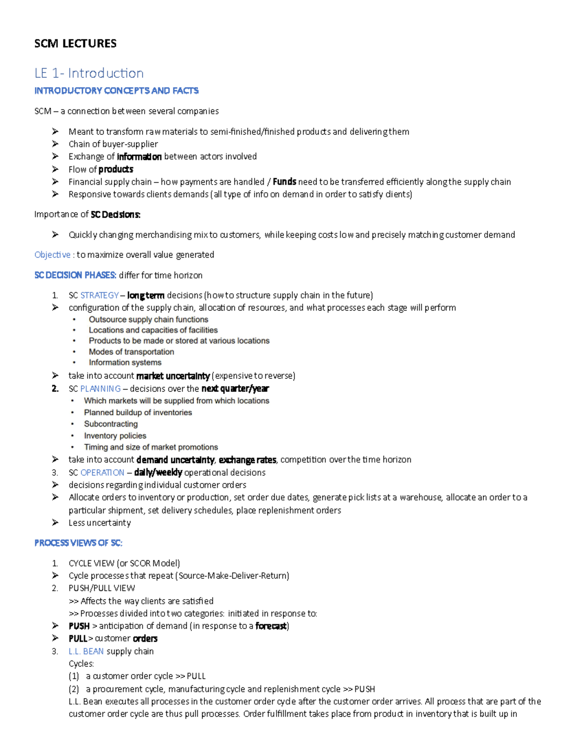Notes - SCM LECTURES LE 1 - IntroducƟon INTRODUCTORY CONCEPTS AND FACTS ...