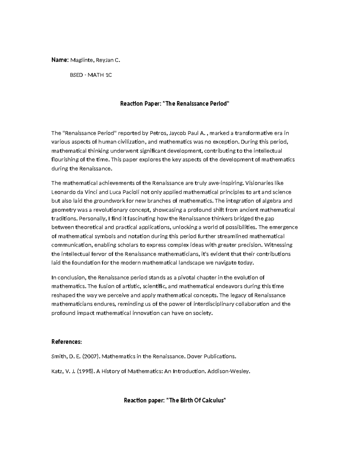 Reaction Paper - Name: Maglinte, ReyJan C. BSED - MATH 1C Reaction ...
