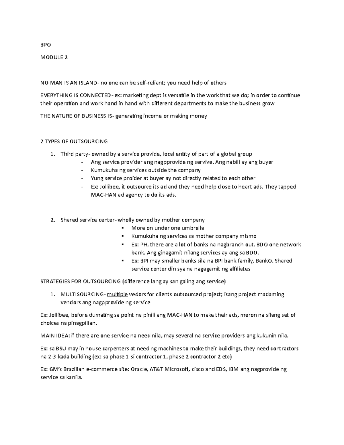 BPO Module 2 - Review notes - BPO MODULE 2 NO MAN IS AN ISLAND- no one ...