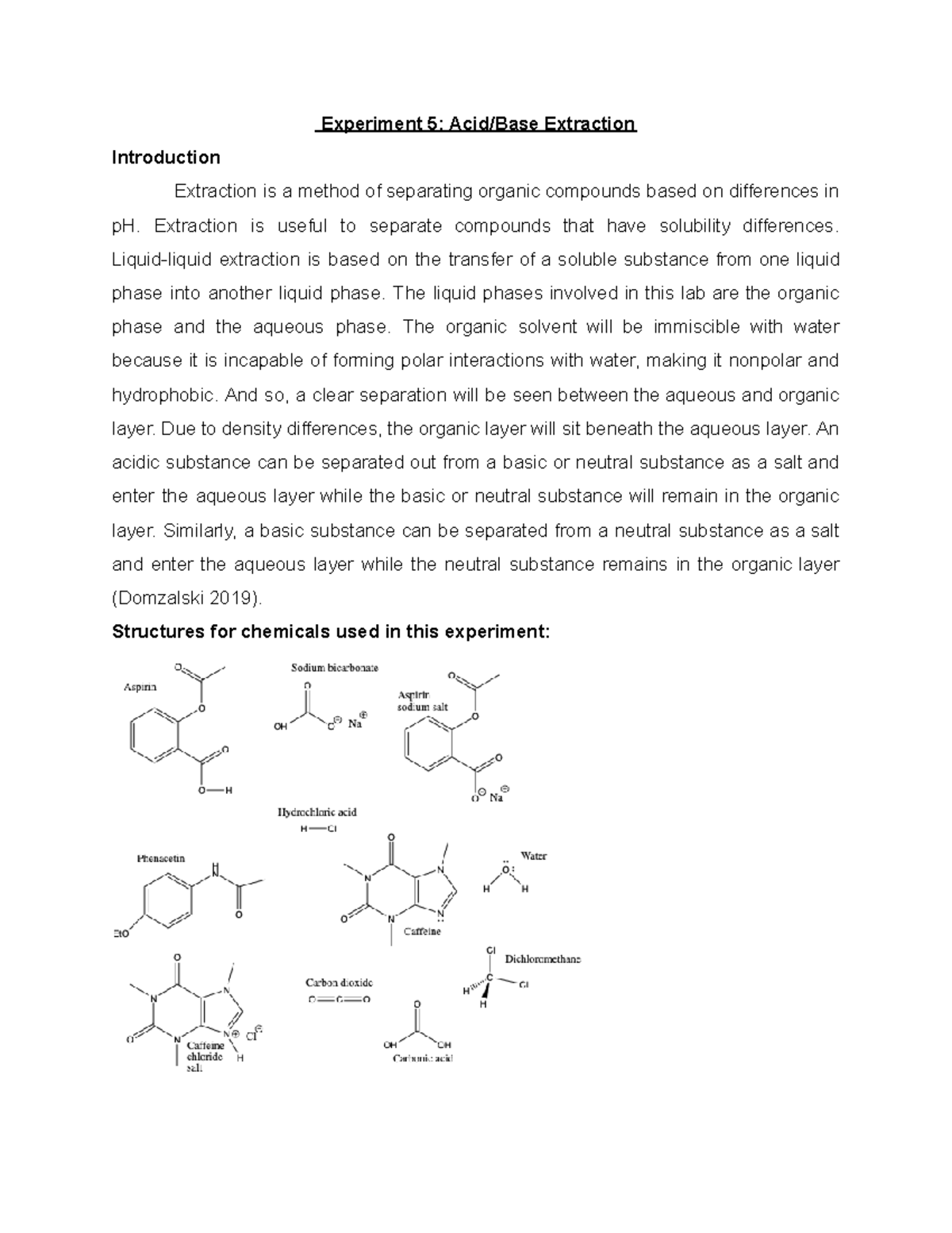 Copy of Orgo 1 Lab Report 5 Experiment 5 Acid/Base Extraction
