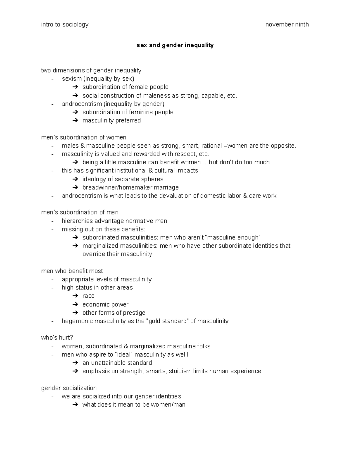 Sex And Gender Inequality Intro To Sociology November Ninth Sex And Gender Inequality Two 7548