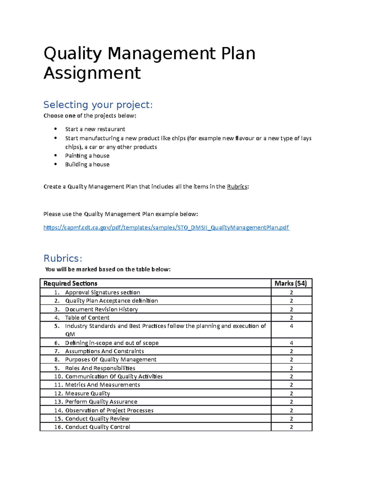 Quality Management Plan Assignment Quality Management Plan Assignment