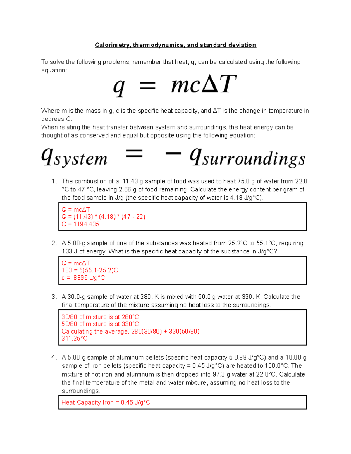 Calorimetry, thermodynamics, and standard deviation When relating the
