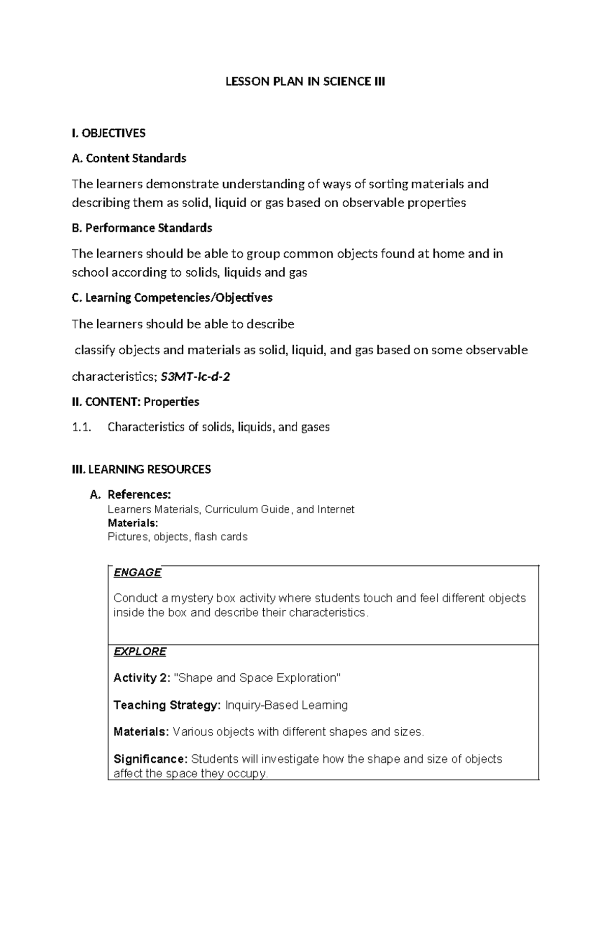 Lesson PLAN IN Science III - LESSON PLAN IN SCIENCE III I. OBJECTIVES A ...