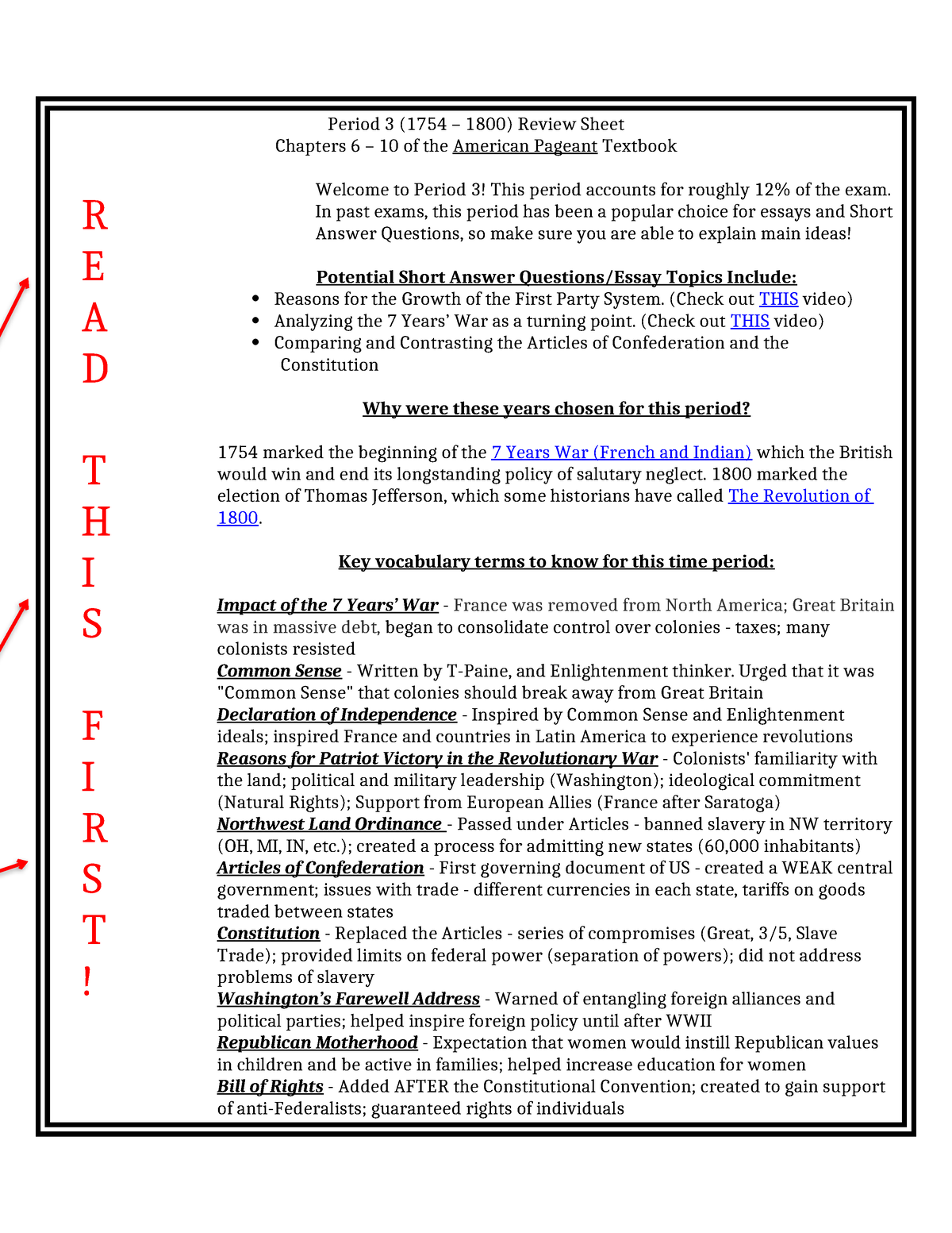 Period 3 (1754-1800) Review Sheet - Period 3 (1754 – 1800) Review Sheet ...