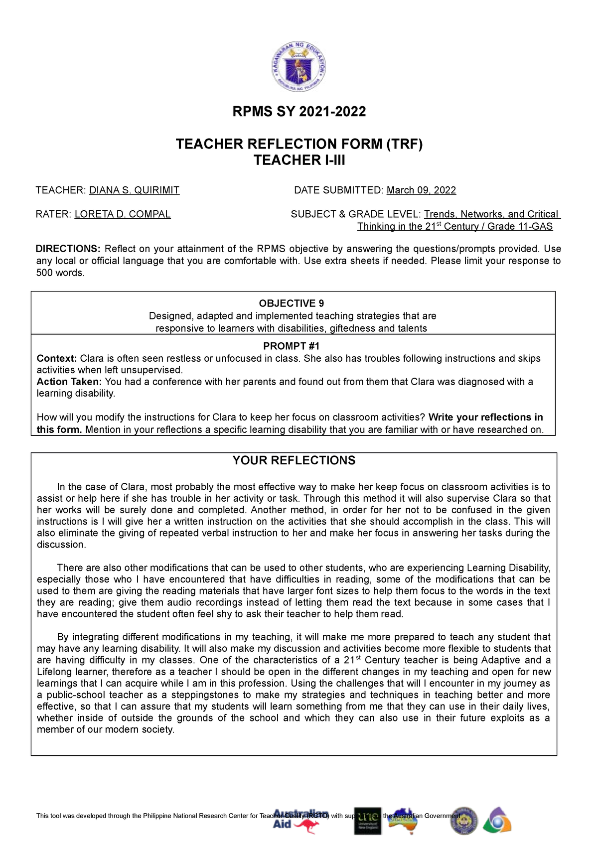 TRF-WORD - For Assessment - RPMS SY 2021- TEACHER REFLECTION FORM (TRF ...