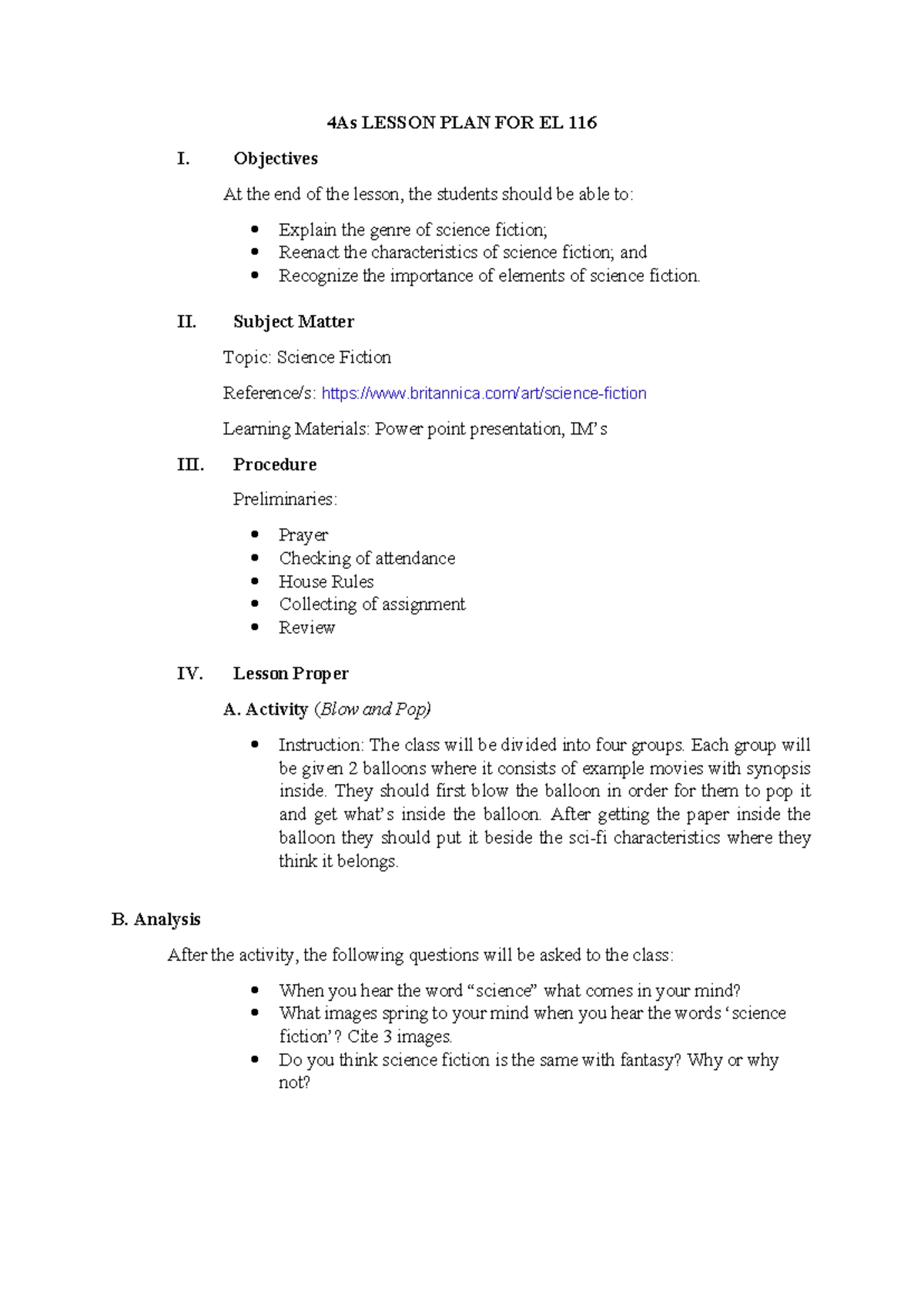 4As Lesson PLAN FOR EL 116 - 4As LESSON PLAN FOR EL 116 I. Objectives ...
