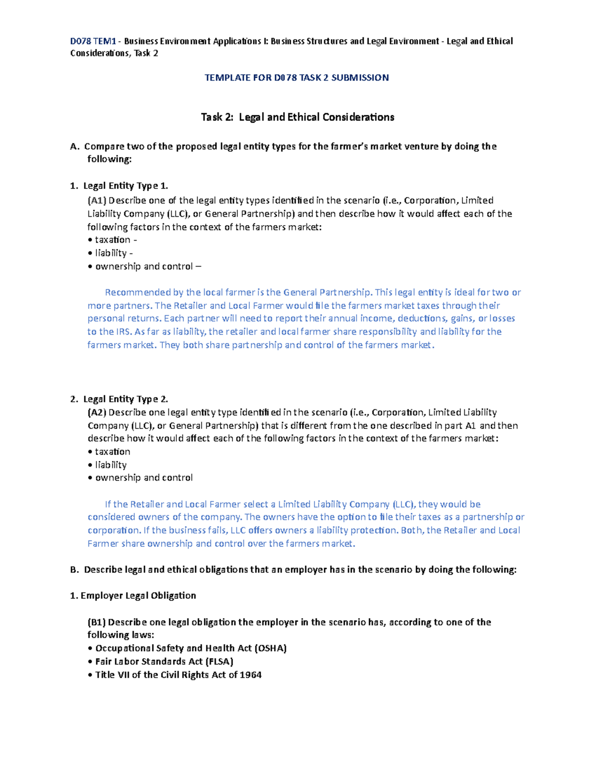 D078 Task 2 Template - OA - Task 2 - D078 TEM1 - Business Environment ...