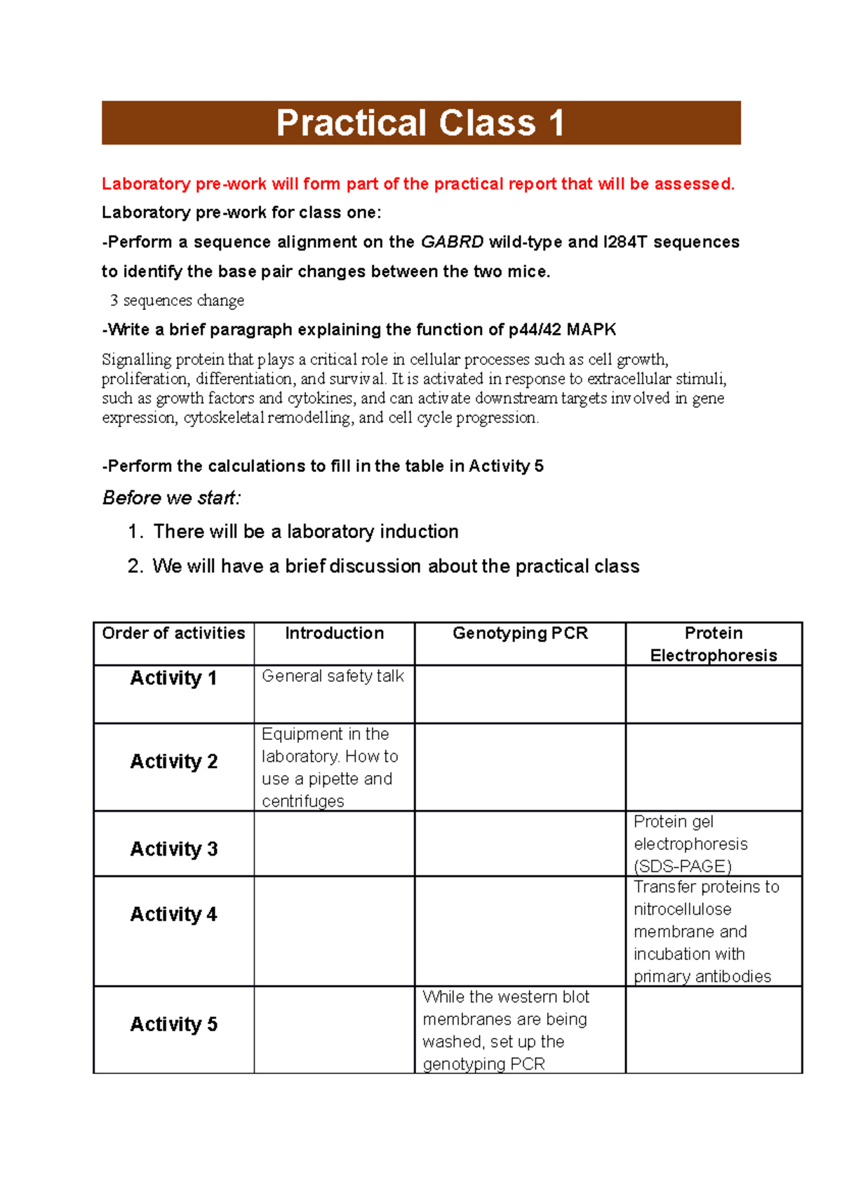 BIOS2018 Practical Manual 2023 1 Practical Class 1 Laboratory prework will form part of the