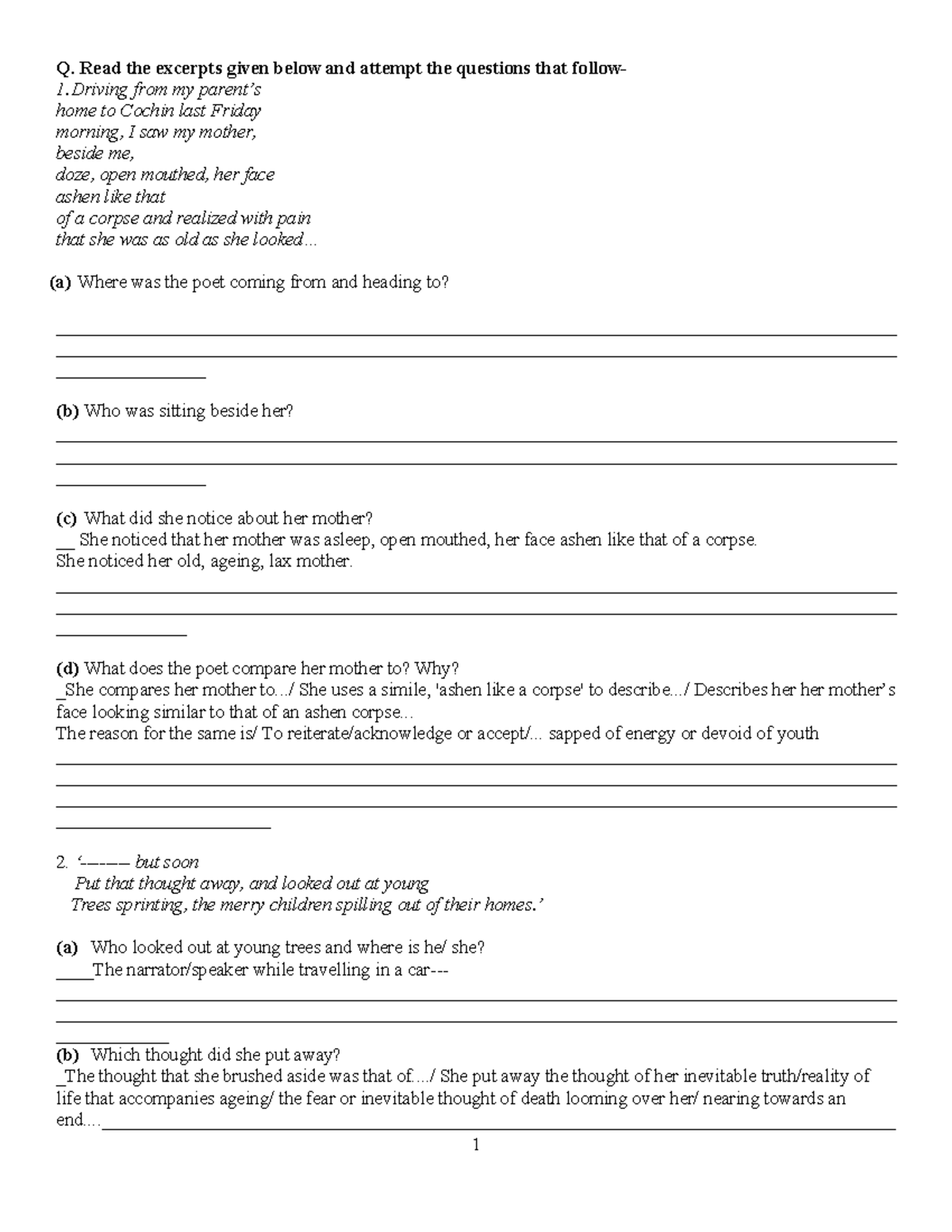 W-4 RTC My Mother - abcd - Q. Read the excerpts given below and attempt ...