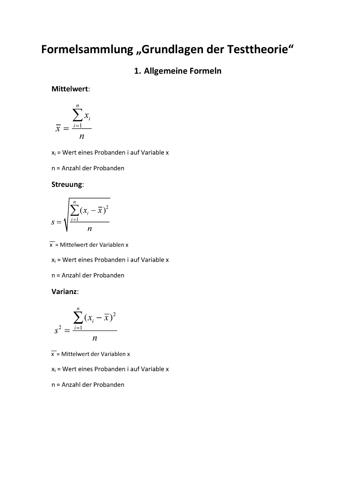 Formelsammlung Testtheorie - Formelsammlung „Grundlagen Der Testtheorie ...