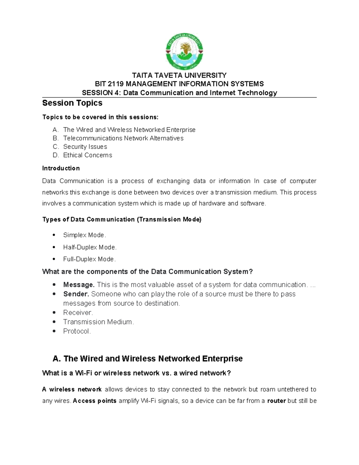 MIS Session 4 - TAITA TAVETA UNIVERSITY BIT 2119 MANAGEMENT INFORMATION ...