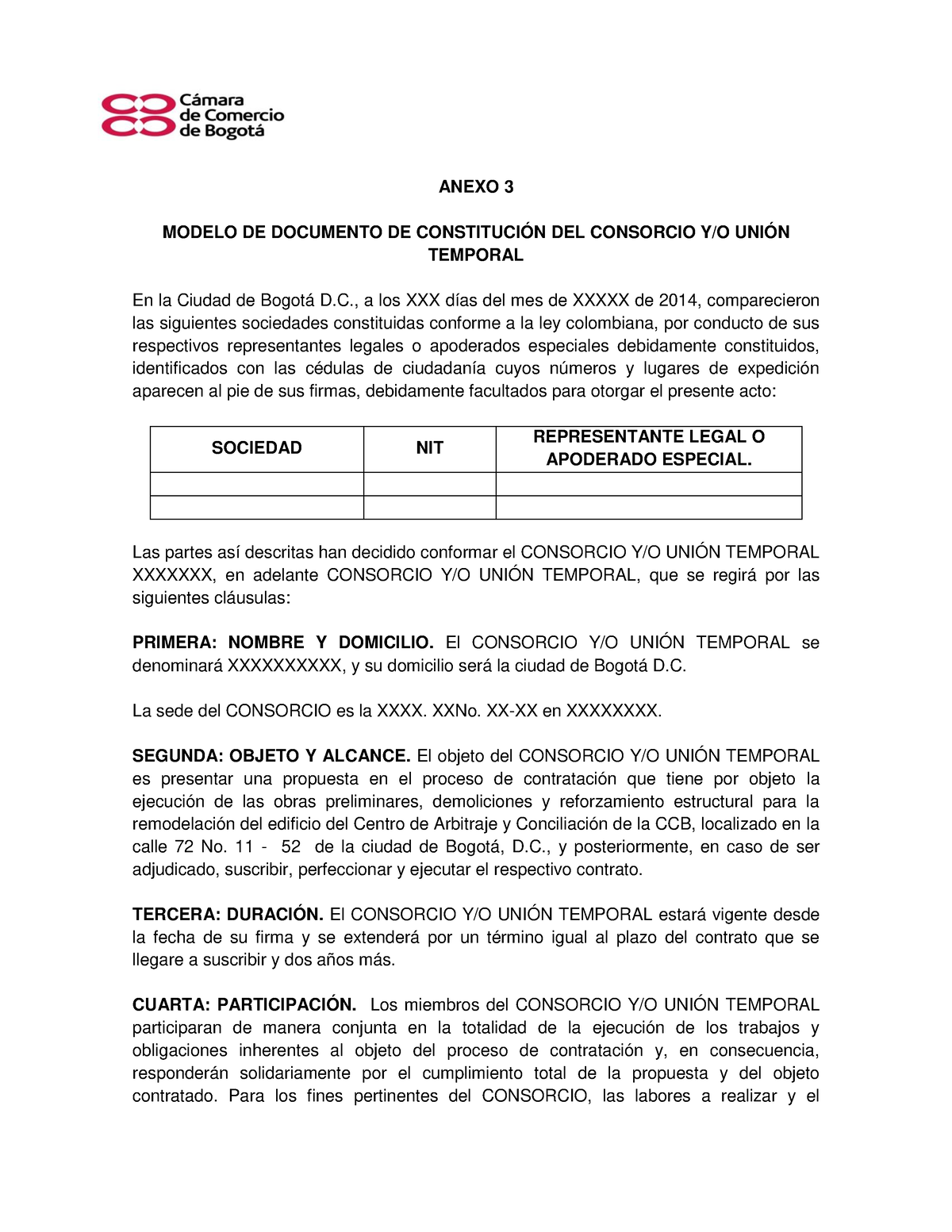 Consorcio O Unión Temporal Anexo 3 Modelo De Documento De ConstituciÓn Del Consorcio Yo UniÓn 3471