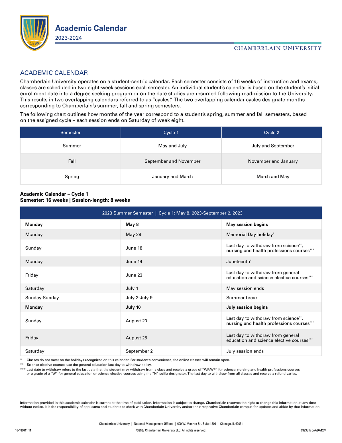 Academic calendar 2324 Chamberlain University National