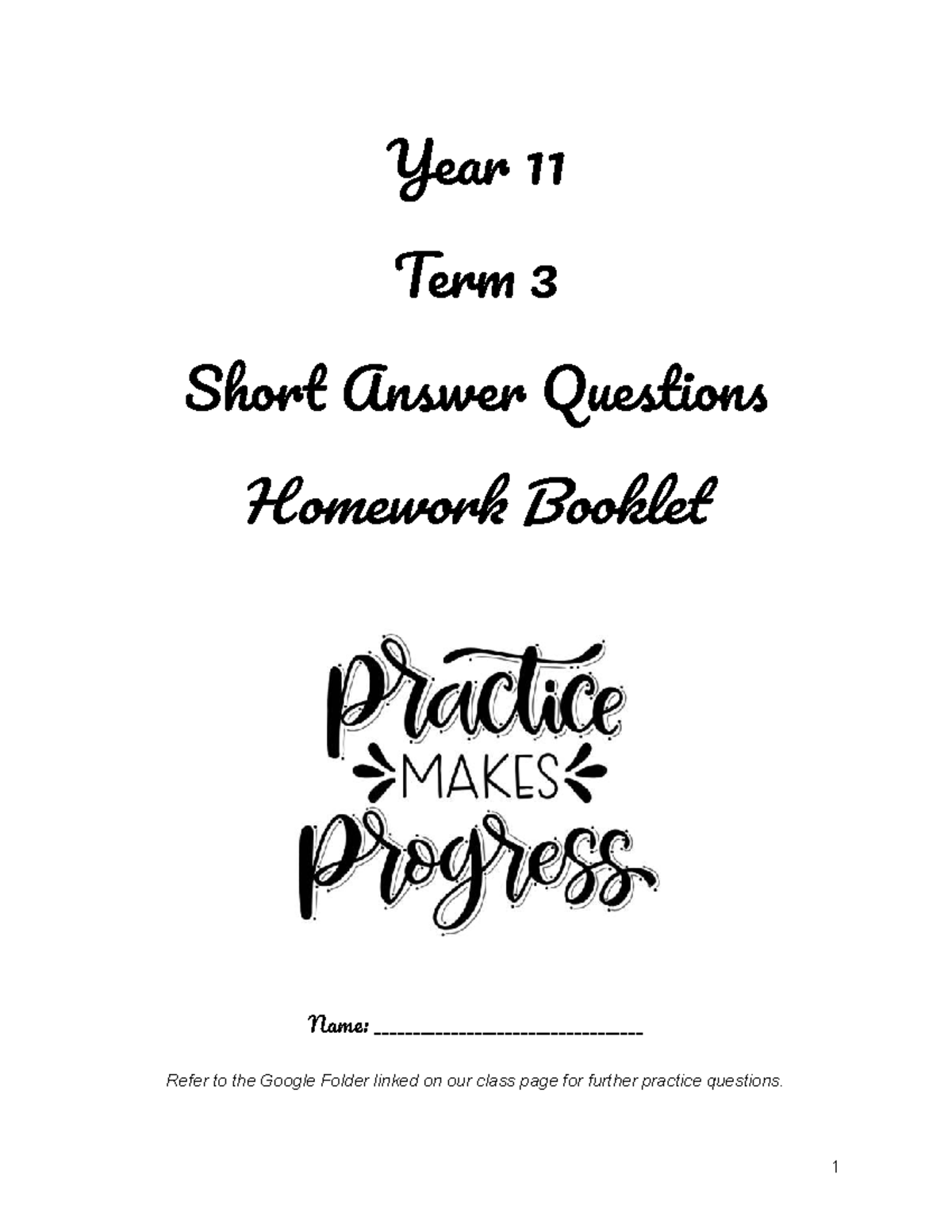SA Homework Booklet - joins - Year 11 Term 3 Short Answer Questions H ...