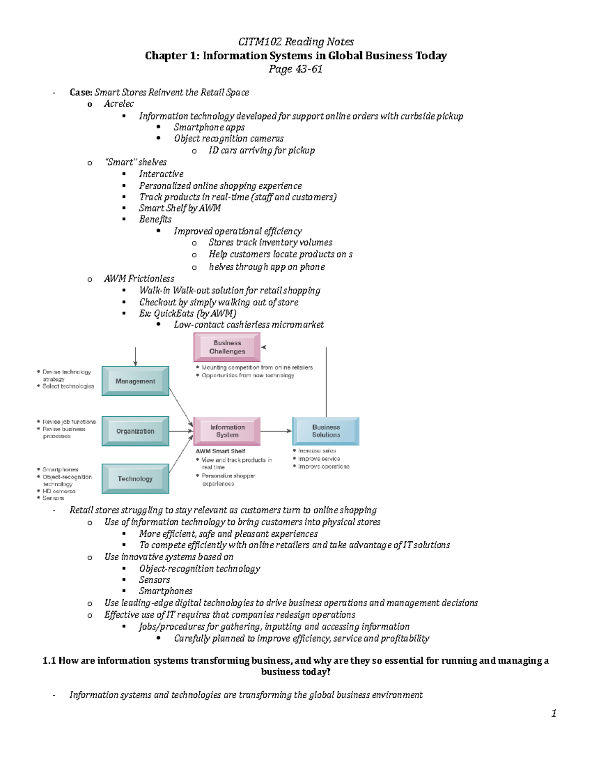 CITM102 Reading Notes Chapter 1 - Chapter 1: Information Systems in ...