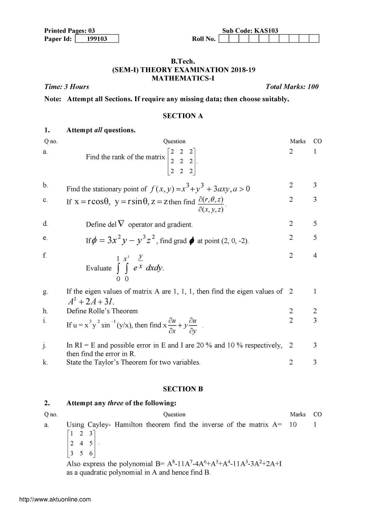 Btech 1 Sem Mathematics 1 Kas 103 2018 19 - Printed Pages: 03 Sub Code ...