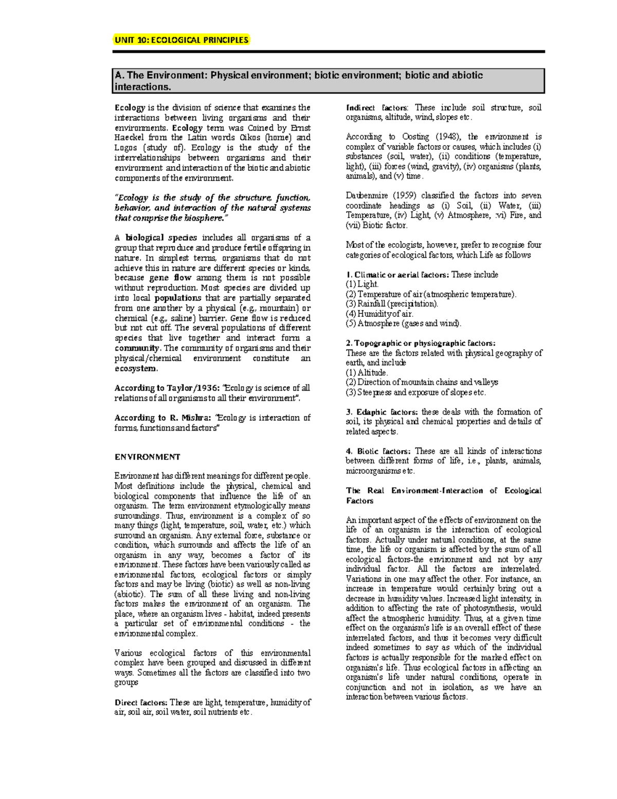 CSIR Unit 10- Full Notes - A. The Environment: Physical Environment ...