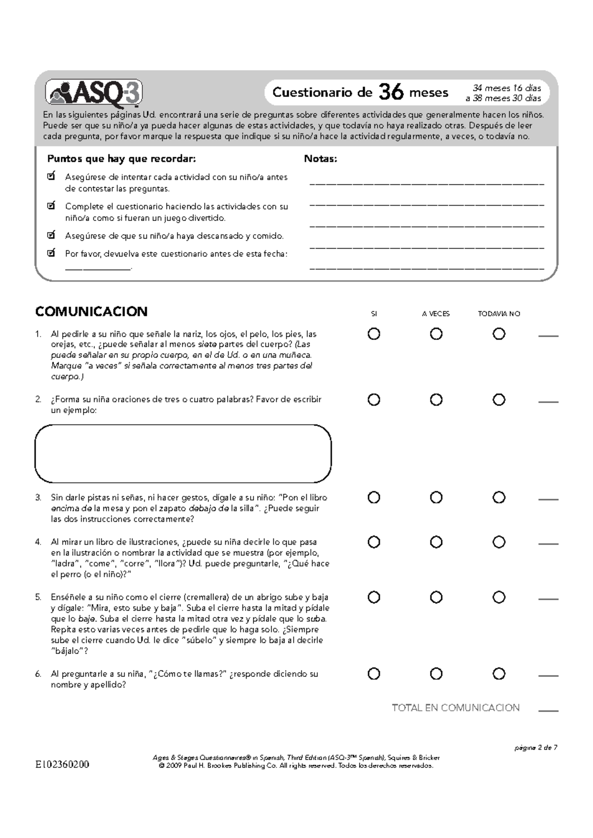 Asq 36 meses desarrollo en hitos notas