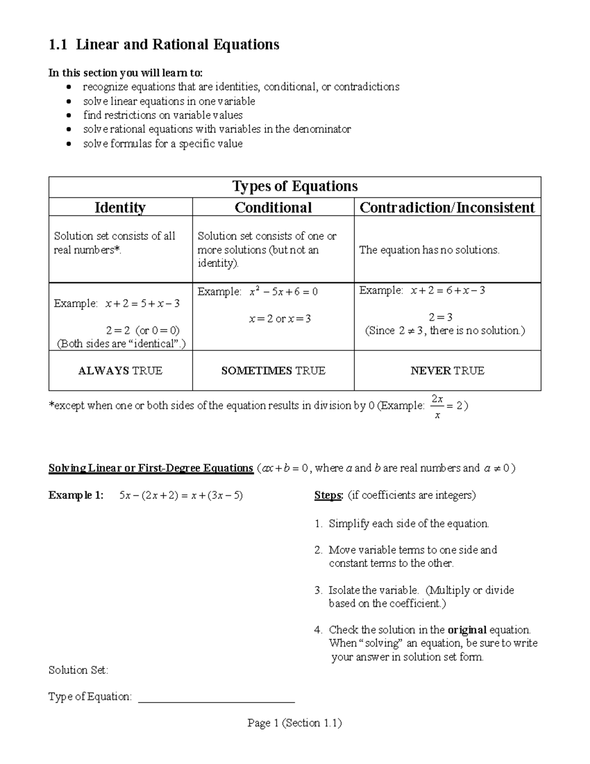 Chapter 1 Class Notes (39 pages) - 1 Linear and Rational Equations In ...