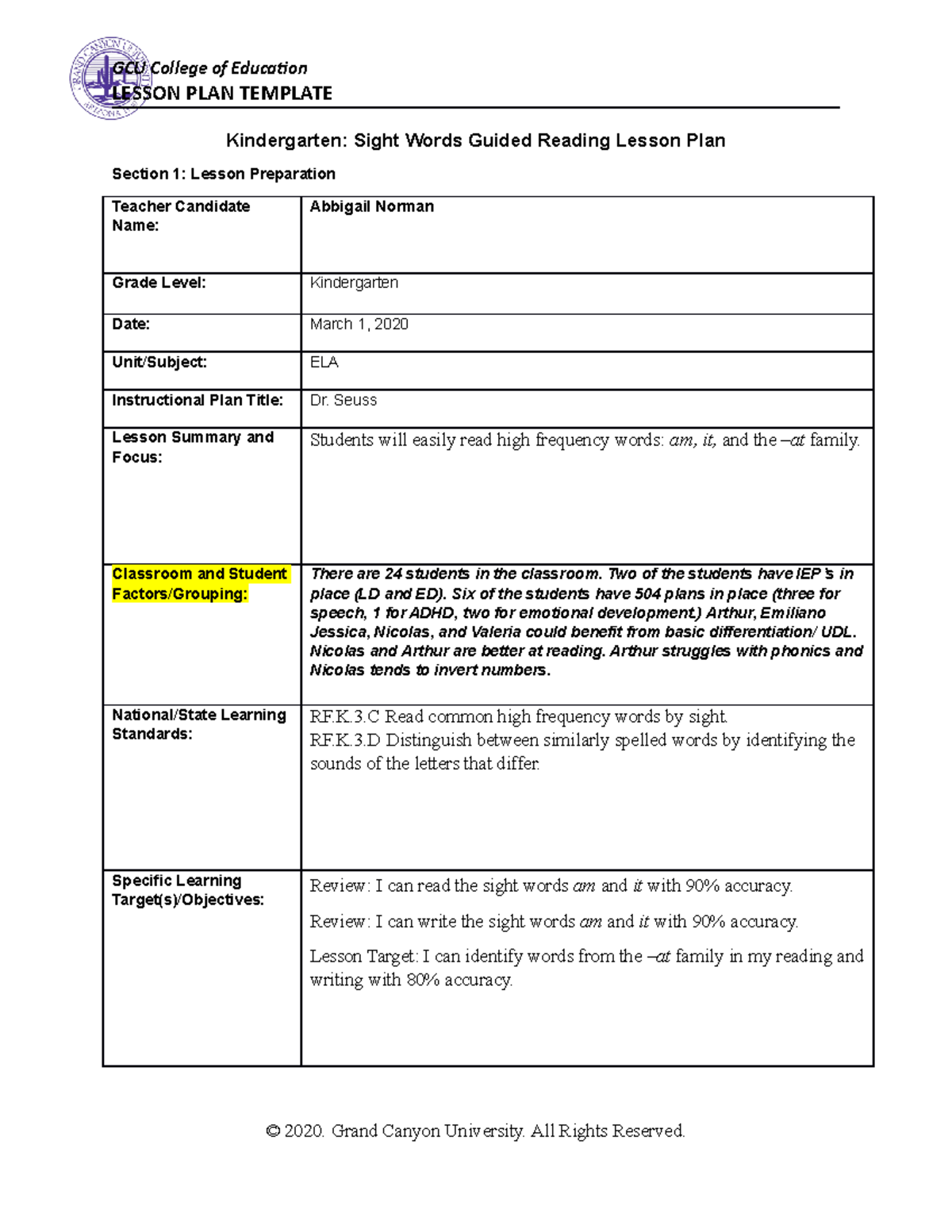 Lesson Plan SPD 200 N A LESSON PLAN TEMPLATE Kindergarten Sight