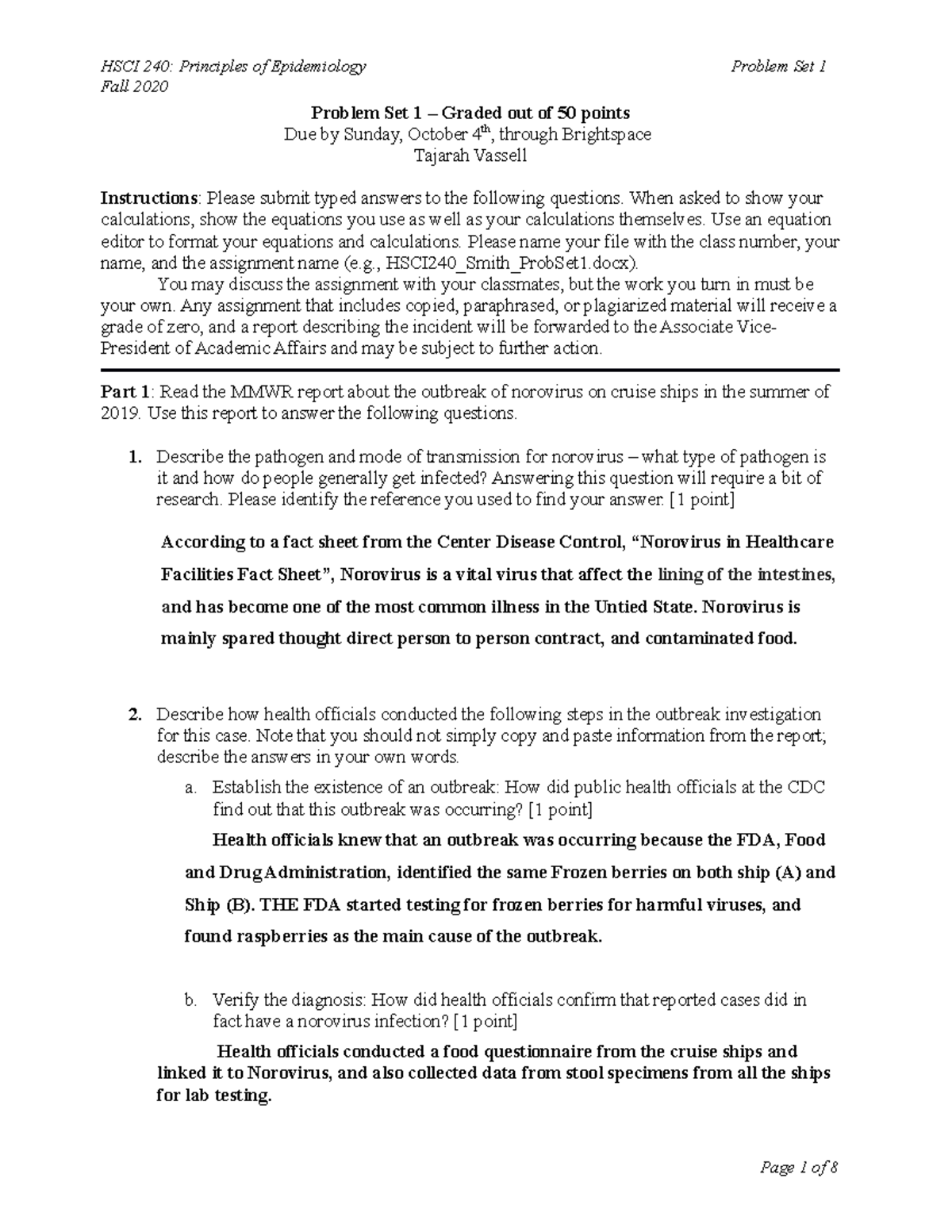 HSCI240 Vassell Prob Set 1 - Fall 2020 Problem Set 1 – Graded out of 50 ...