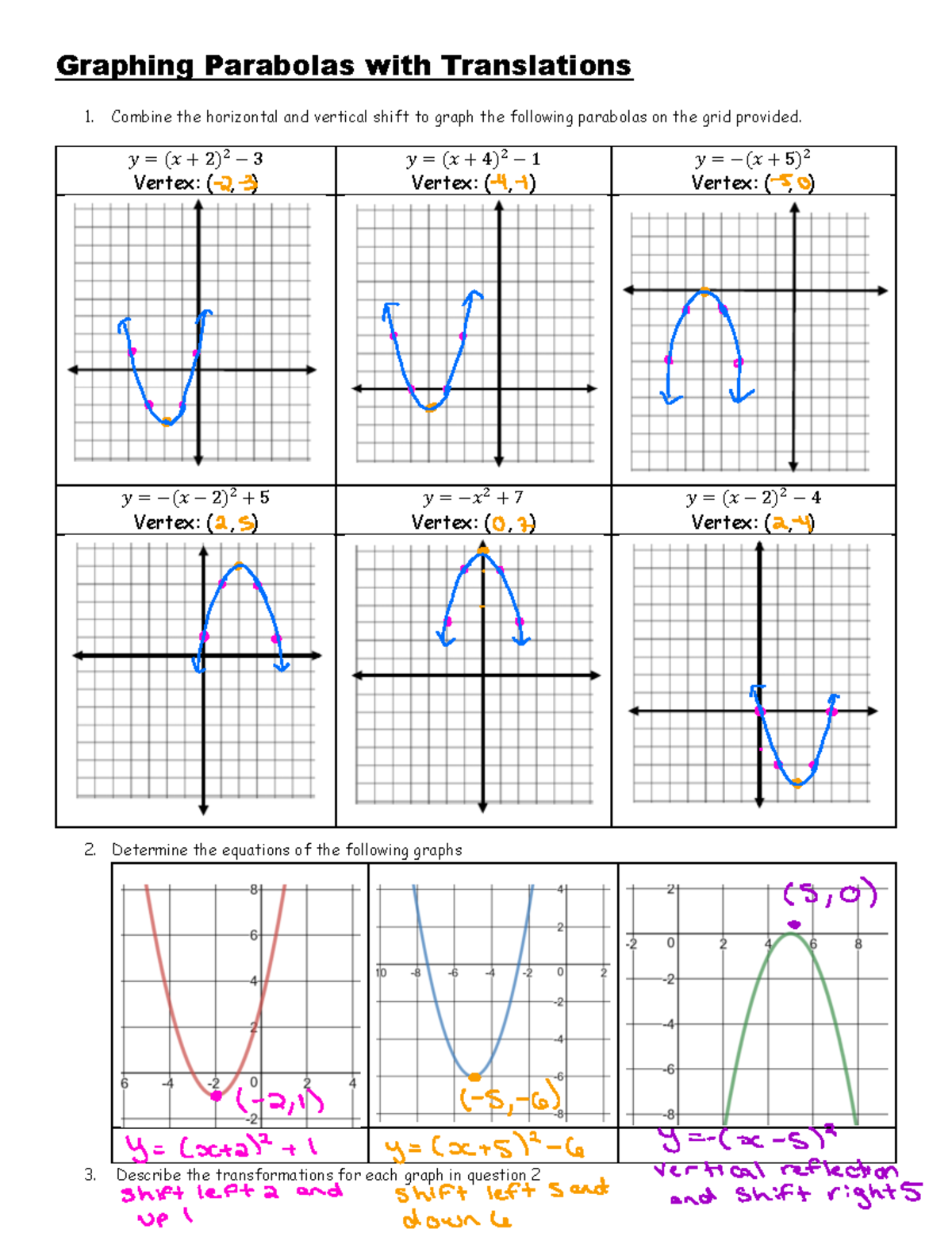 Practice solutions - Graphing Parabolas with Translations 1. Combine ...
