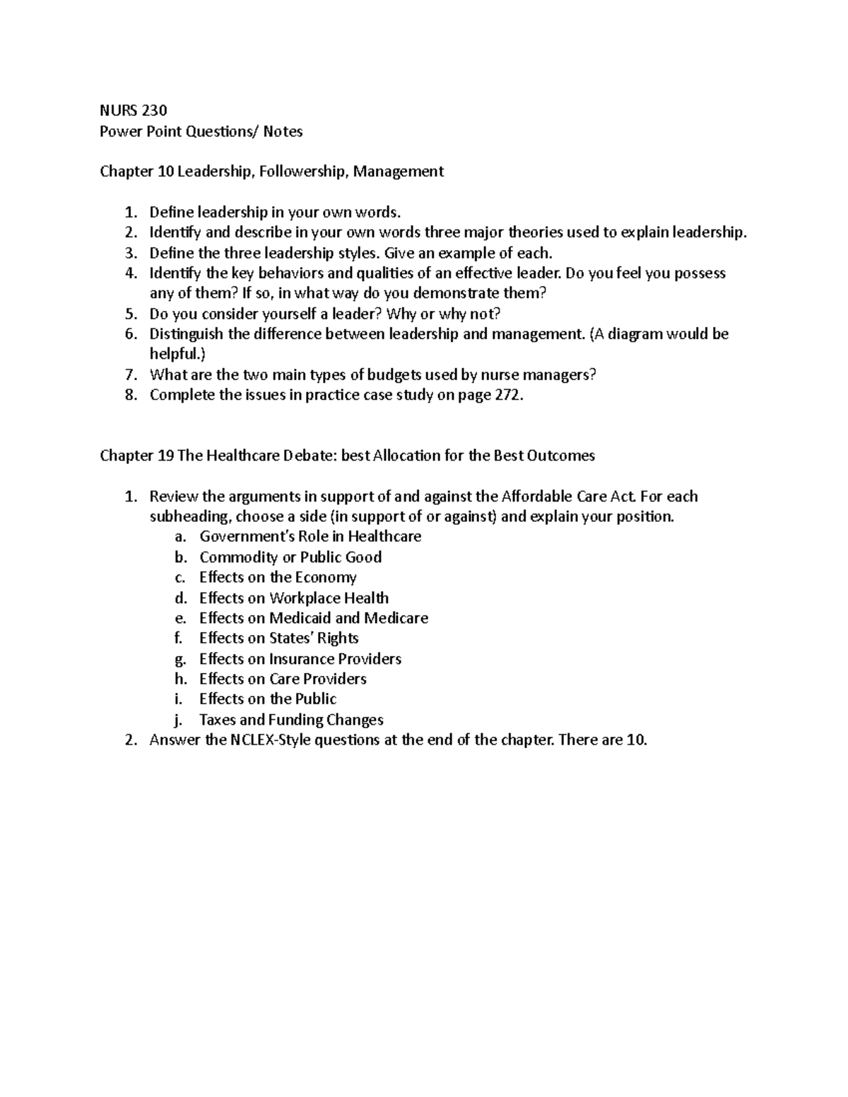 CH 10 and Ch 19 PPT Q&A - lecture notes used - NURS 230 Power Point ...