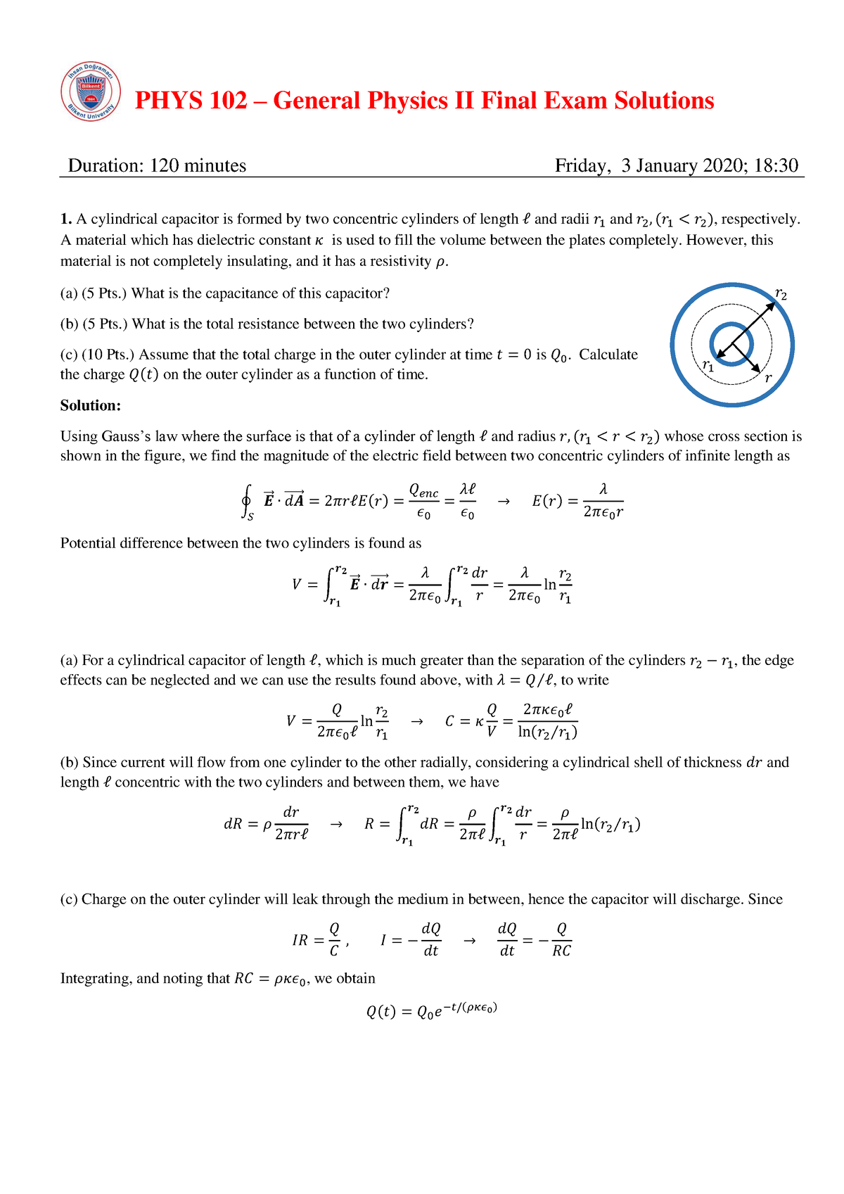 P102 2019-20-1 3F Sol - PHYS 102 – General Physics II Final Exam ...