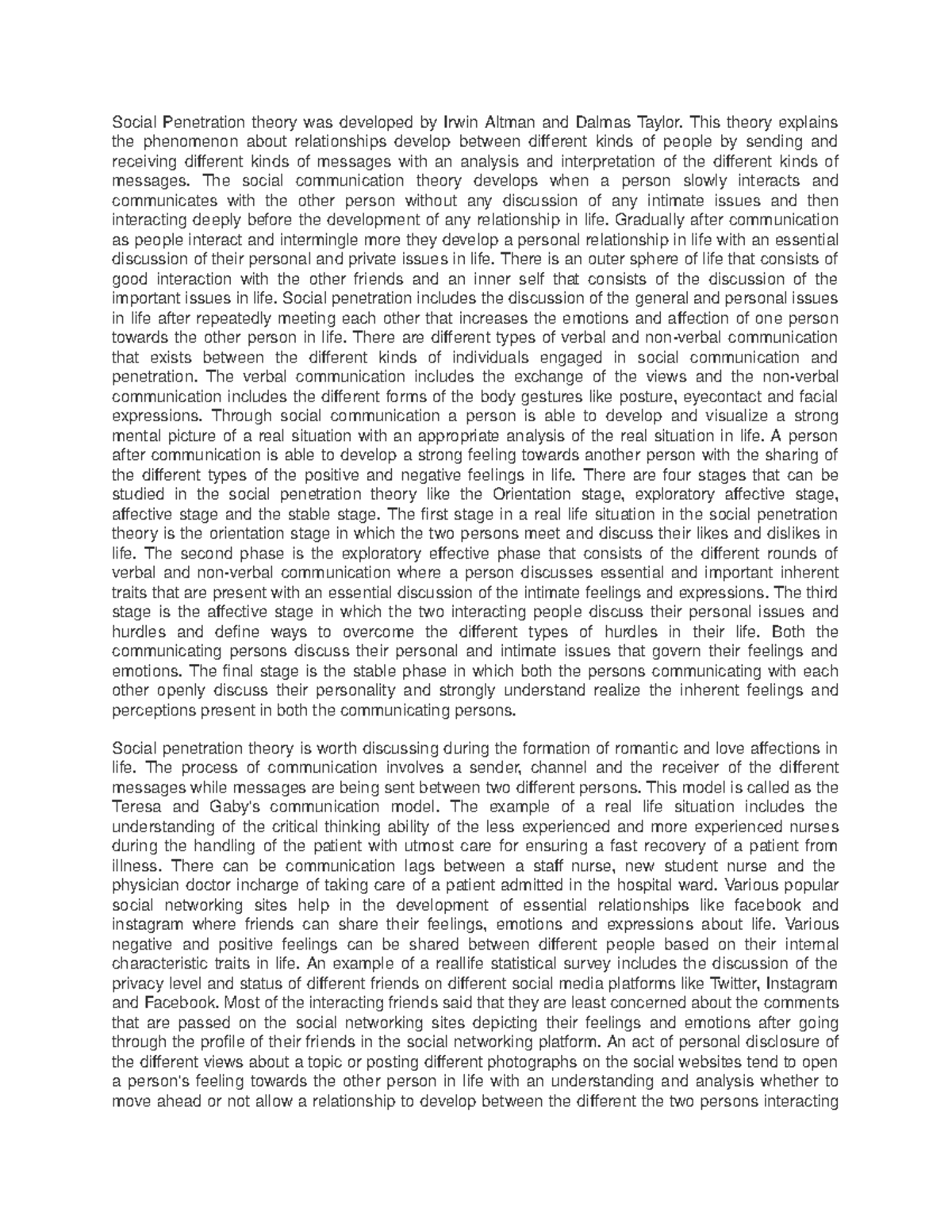 Social Penetration theory was developed by Irwin Altman and Dalmas ...