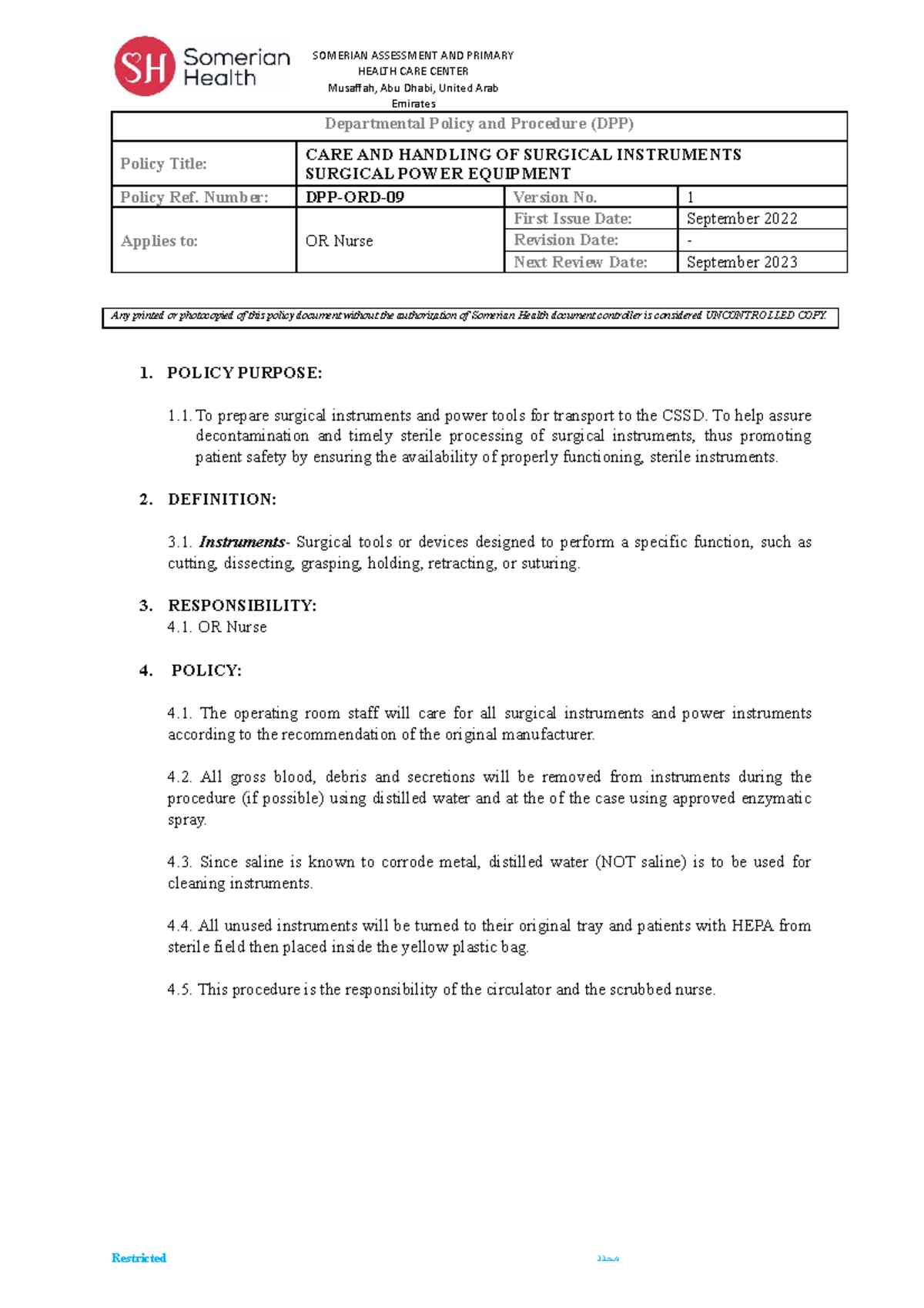 CARE AND Handling OF Surgical Instruments - Departmental Policy and ...