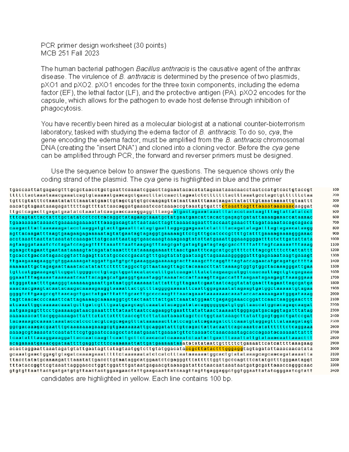 MCB 251 Fall 2023 PCR primer design worksheet PCR primer design
