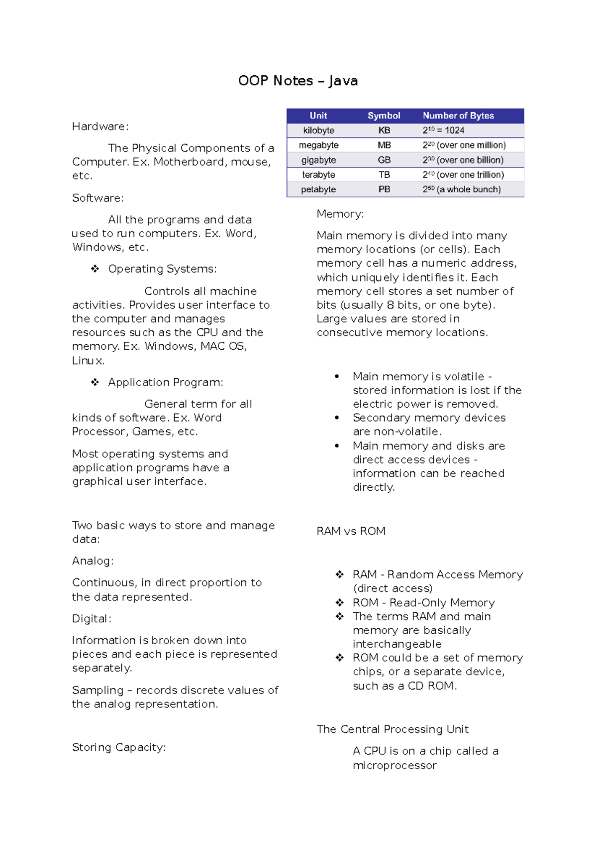 OOP Notes - Ex. Motherboard, mouse, etc. Software: All the programs and ...