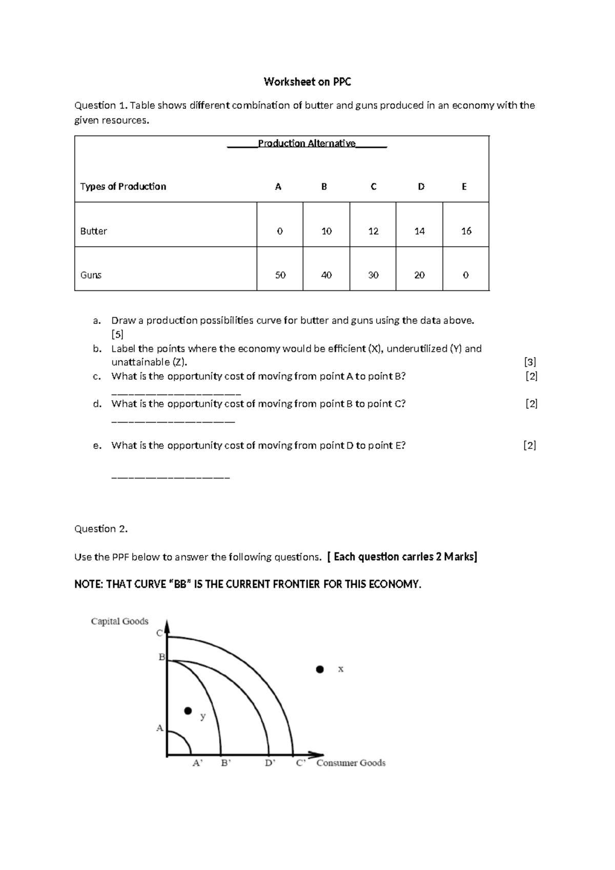 Worksheet on PPC HW - Worksheet on PPC Question 1. Table shows ...