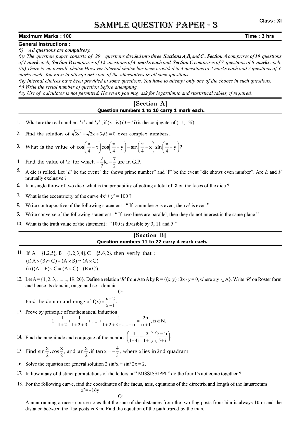 Sample Paper III - Practice question based on all the chapter of class ...