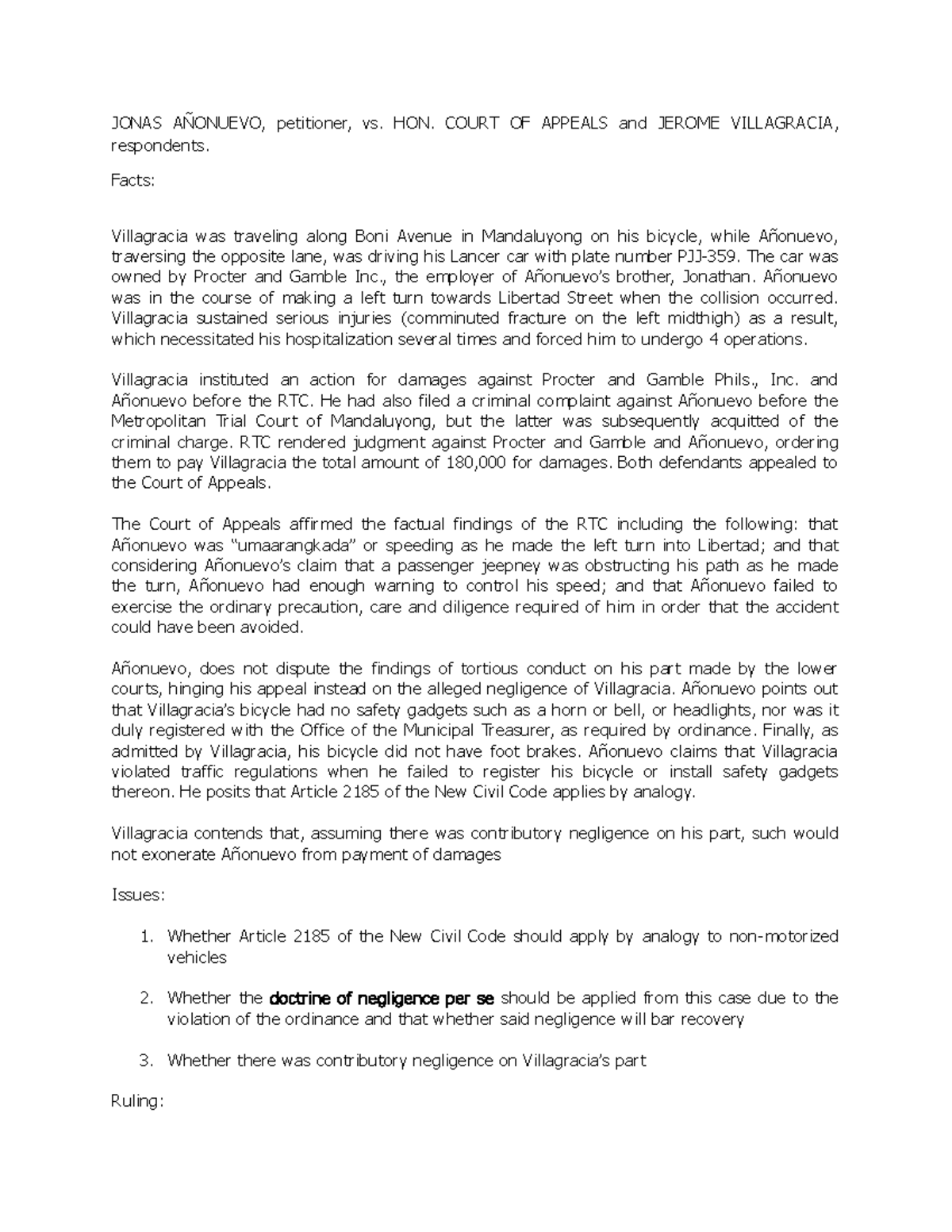 Transpo Case 7 Anonuevo v Villagracia - JONAS AÑONUEVO, petitioner, vs ...