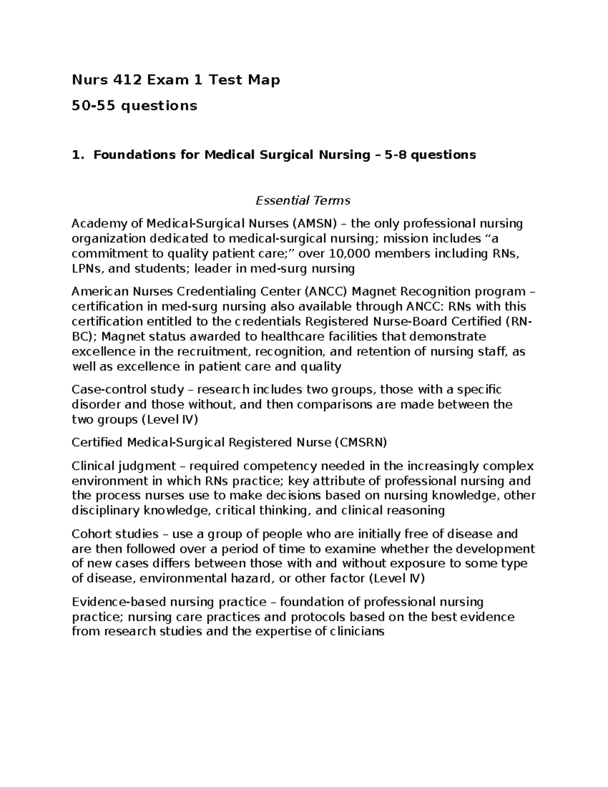 Med-surg exam 1 study guide - Nurs 412 Exam 1 Test Map 50-55 questions ...