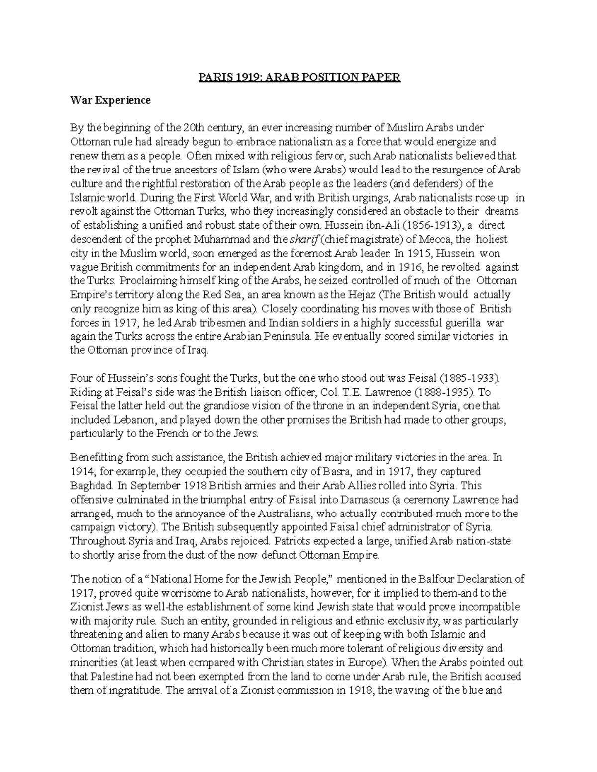 Paris 1919Arab position paper PARIS 1919 ARAB POSITION PAPER War