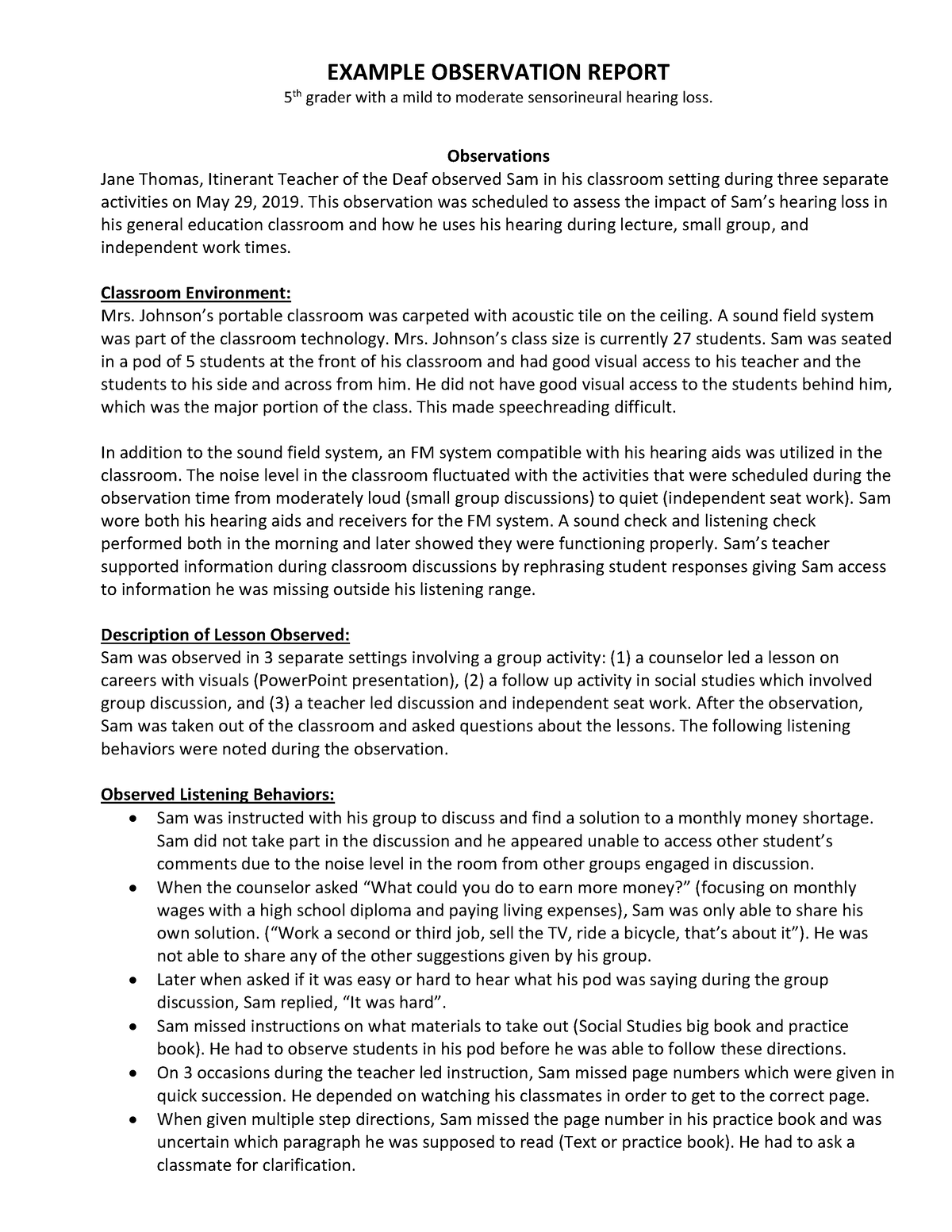 Example-Observation-Report - EXAMPLE OBSERVATION REPORT 5 th grader ...