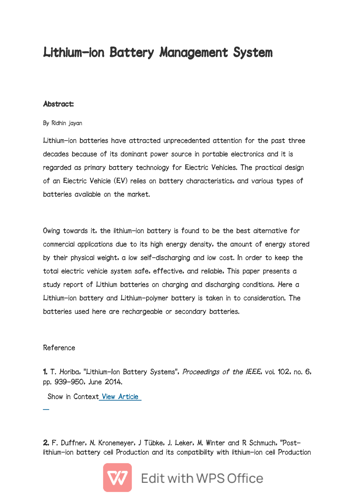 Lithium seminar - Lithium-ion Battery Management System Abstract