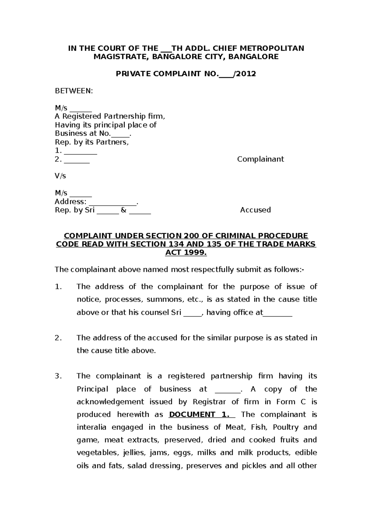 Private Complaint - IN THE COURT OF THE ___TH ADDL. CHIEF METROPOLITAN ...