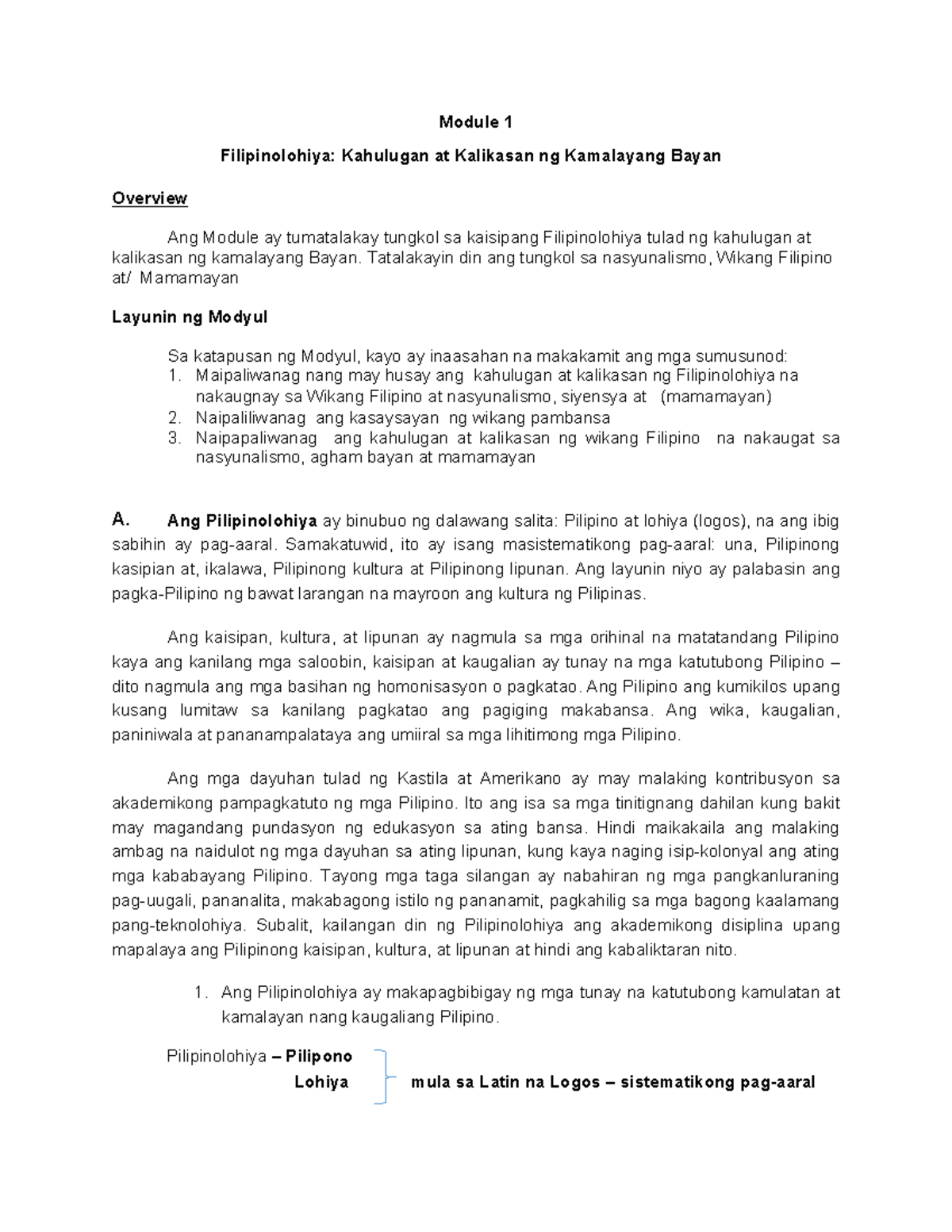 Filipinolohiya Module 1 - Module 1 Filipinolohiya: Kahulugan At ...