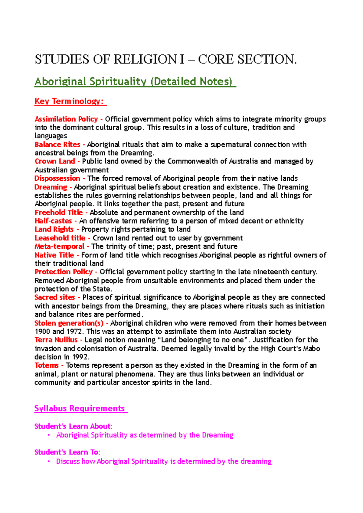Studies of Religion Notes - Aboriginal Spirituality - STUDIES OF ...