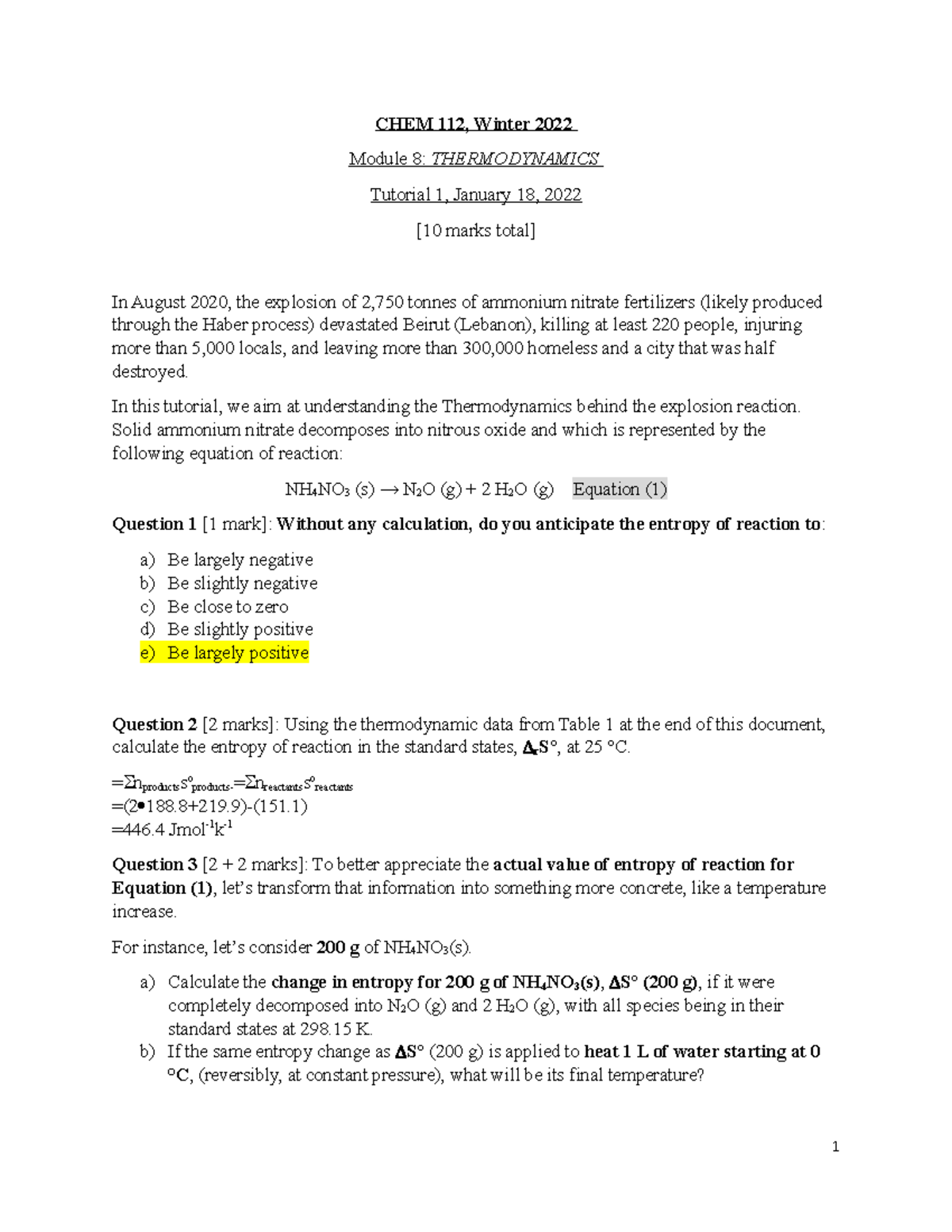 Chem 112-026 Tutorial 12 Thermodynamics - CHEM 112, Winter 2022 Module ...