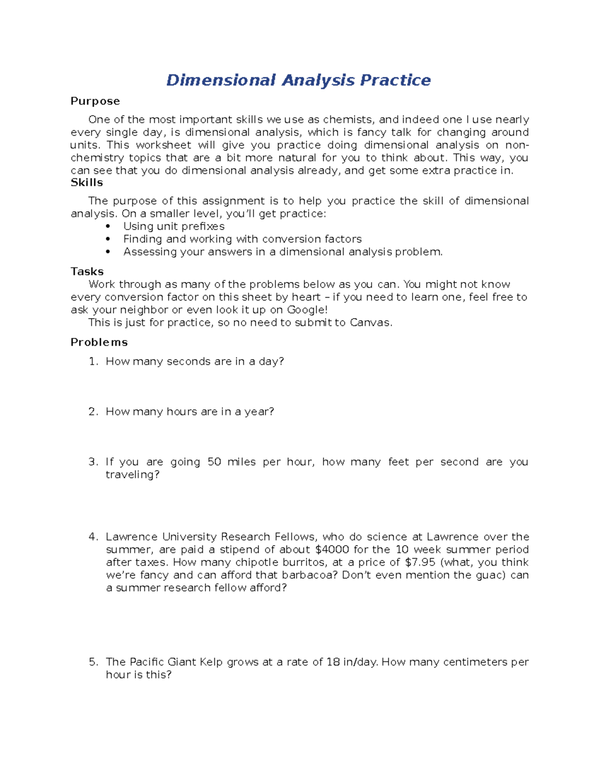 Dimensional Analysis Practice - Dimensional Analysis Practice Purpose ...